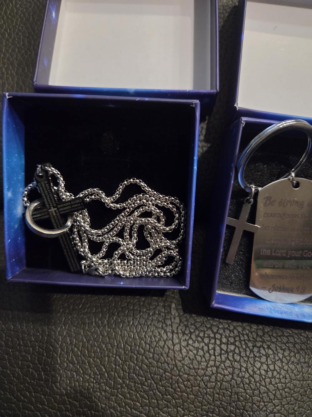 Men's Silver Cross Necklace and Keyring Set